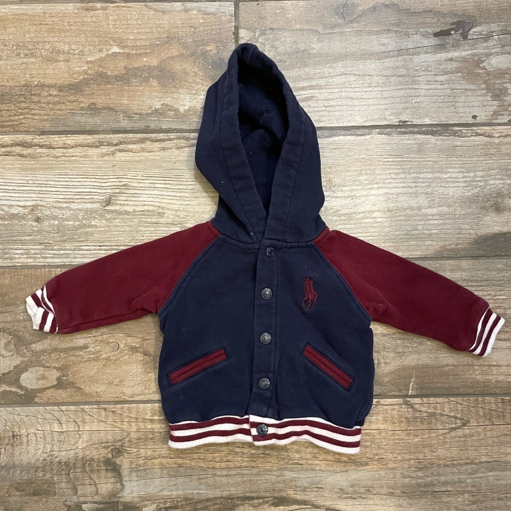 Ralph Lauren Navy Blue and Maroon Button Up Varsity Style Hoodie Sweatshirt
